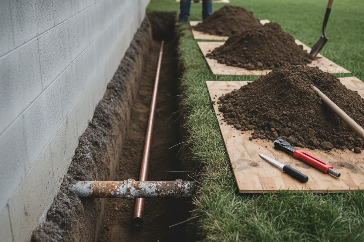 Excavated water line trench during Water Softener Installation in Fellows